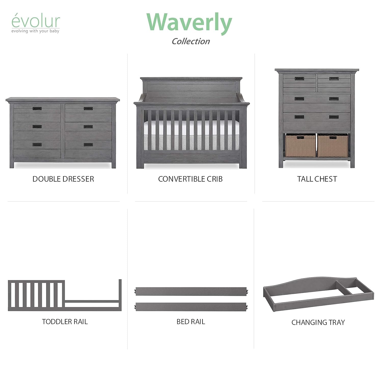 Evolur Waverly Double Dresser, Rustic Grey , 54X20.25X33 Inch (Pack of 1) Baby Products Changing & Dressing Chests & Dressers Furniture Nursery