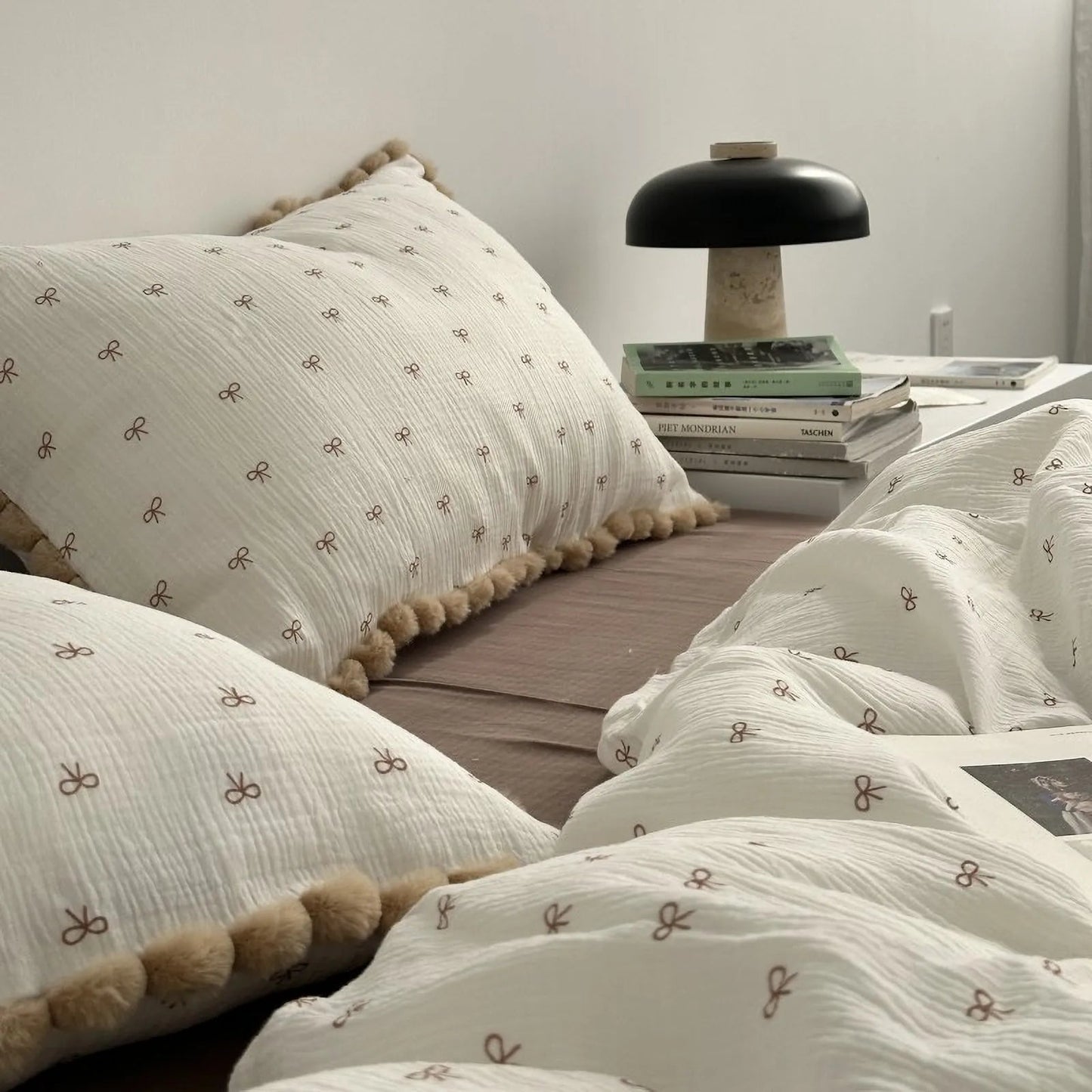 Pom Pom Trim Bow Print Washed Cotton Bedding Set