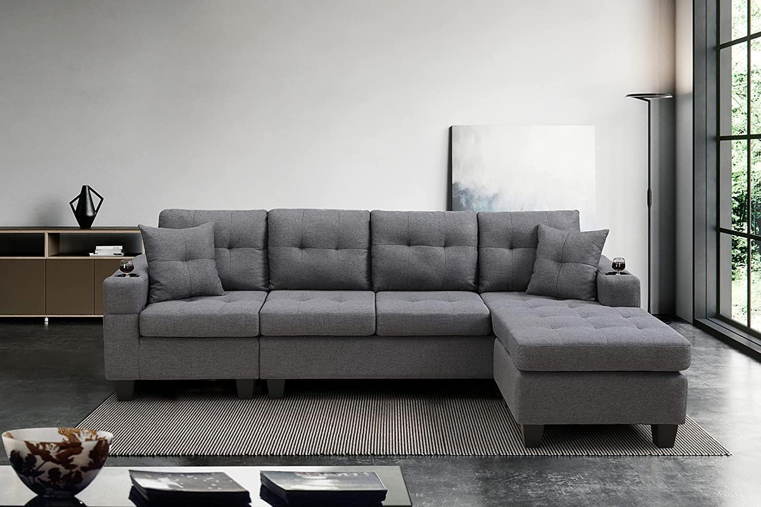 Gray Sectional Sofa with Reversible Left/Right Chaise Lounge and 2 Cup Holders, 4-Seat L-Shaped Couch for Home Apartment Living Room Compact Space Furniture Furniture Home & Kitchen Living Room Furniture Sofas & Couches