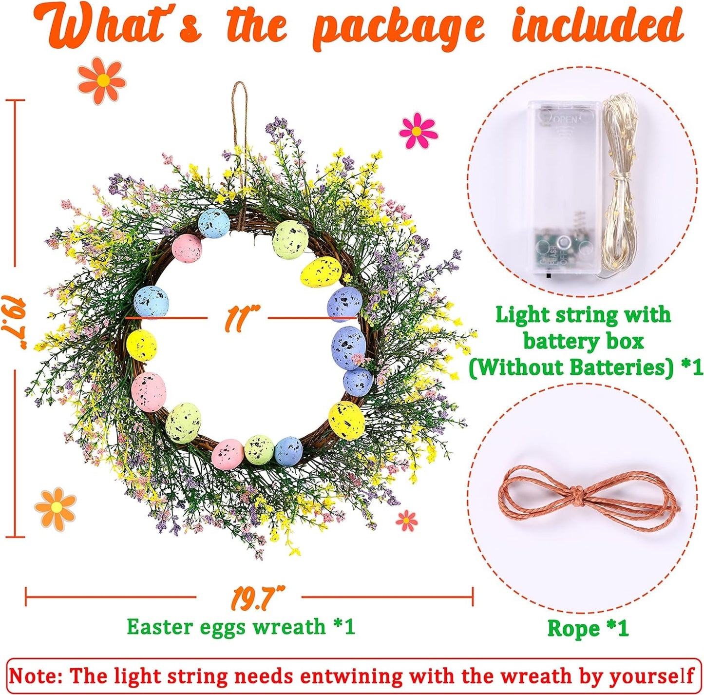 Easter Eggs Decorations Wreath - Spring Artificial Flowers Decor for the Home/Door/Front Porch, Gifts, with Led-Light String (Batteries Not Included) Home & Kitchen Home Décor Accents Home Décor Products Wreaths