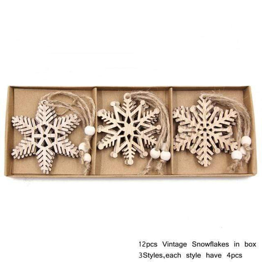 Décoration d'arbre de noël flocon de neige en bois Vintage, 12 pièces