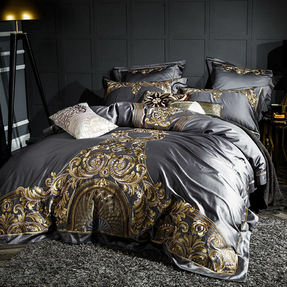 Lezkira Vibrant Grey Luxury Egyptian Cotton Embroidery Bedding Set