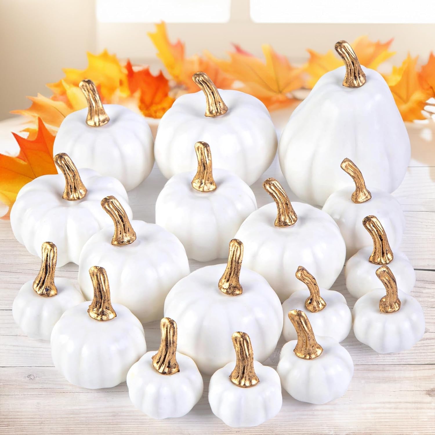 Domestar 50 PCS Thanksgiving Artificial Pumpkins and Gourds Set, 8 PCS Fake Pumpkins, 12 PCS Pinecones and Acorns, 30 PCS Fake Maple Leaves Fall Wedding Tables Centerpieces Artificial Plants & Flowers Artificial Vegetables Home & Kitchen Home Décor Products