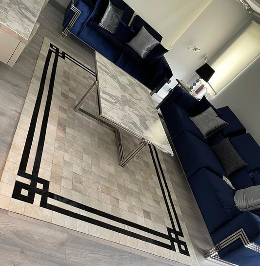 Bientrix Handcrafted Flatweave Natural Leather Rug area carpet area rug carpet Color_Beige Color_Black Color_White Material_Leather