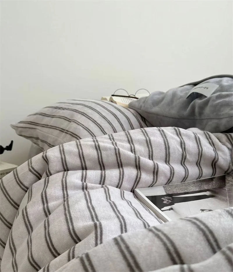 Plush Pinstripe Flannel Fleece Bedding Set