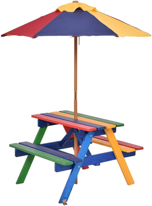 Costzon Kids Picnic Table Set, Colorful Wood Picnic Table and Benches with Removable/Folding Umbrella, Children Rainbow Bench Outdoor Patio Set Lawn & Garden Patio Patio Furniture & Accessories Picnic Tables Tables