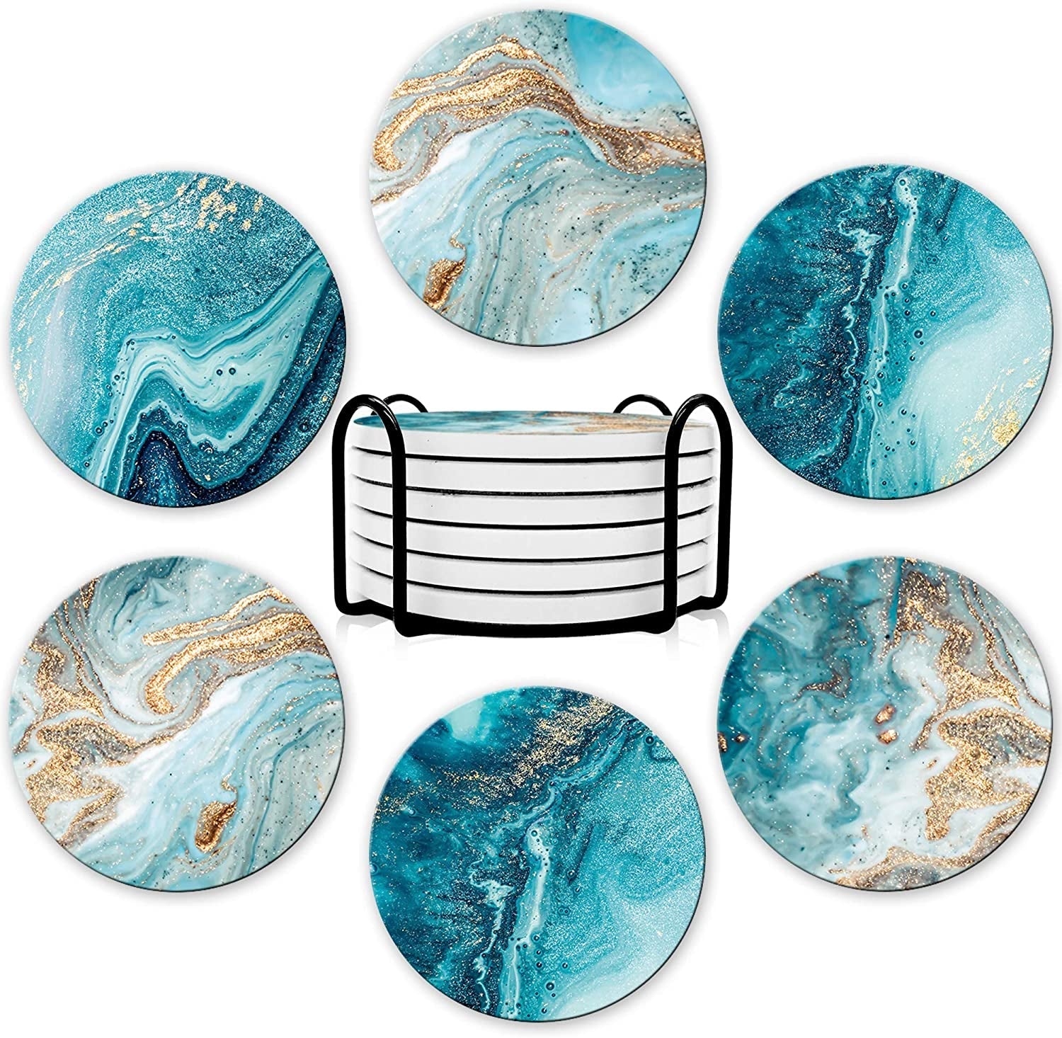 Coasters for Drinks, round Absorbent Ceramic Stone Coasters Set of 6 with Cork Base, Funny Drink Coasters with Holder for Cold Drinks Wine Mugs and Cups Tabletop Protection, 4 Inches,Grey Marble Bar Tools Bar Tools & Drinkware Coasters Dining & Entertaining Home & Kitchen Kitchen & Dining