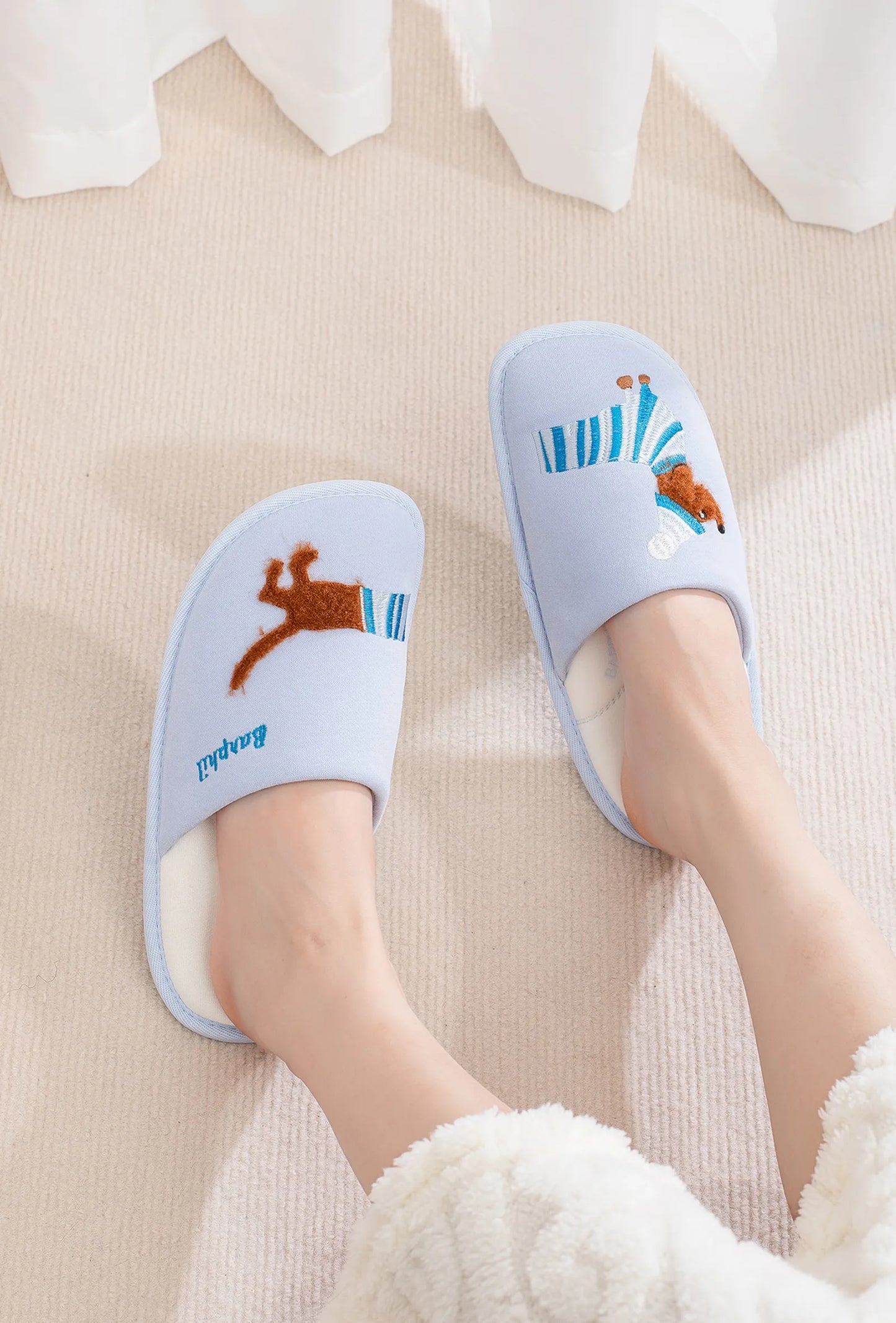 Plush Embroidered Dachshund Slides Polyester House Slippers