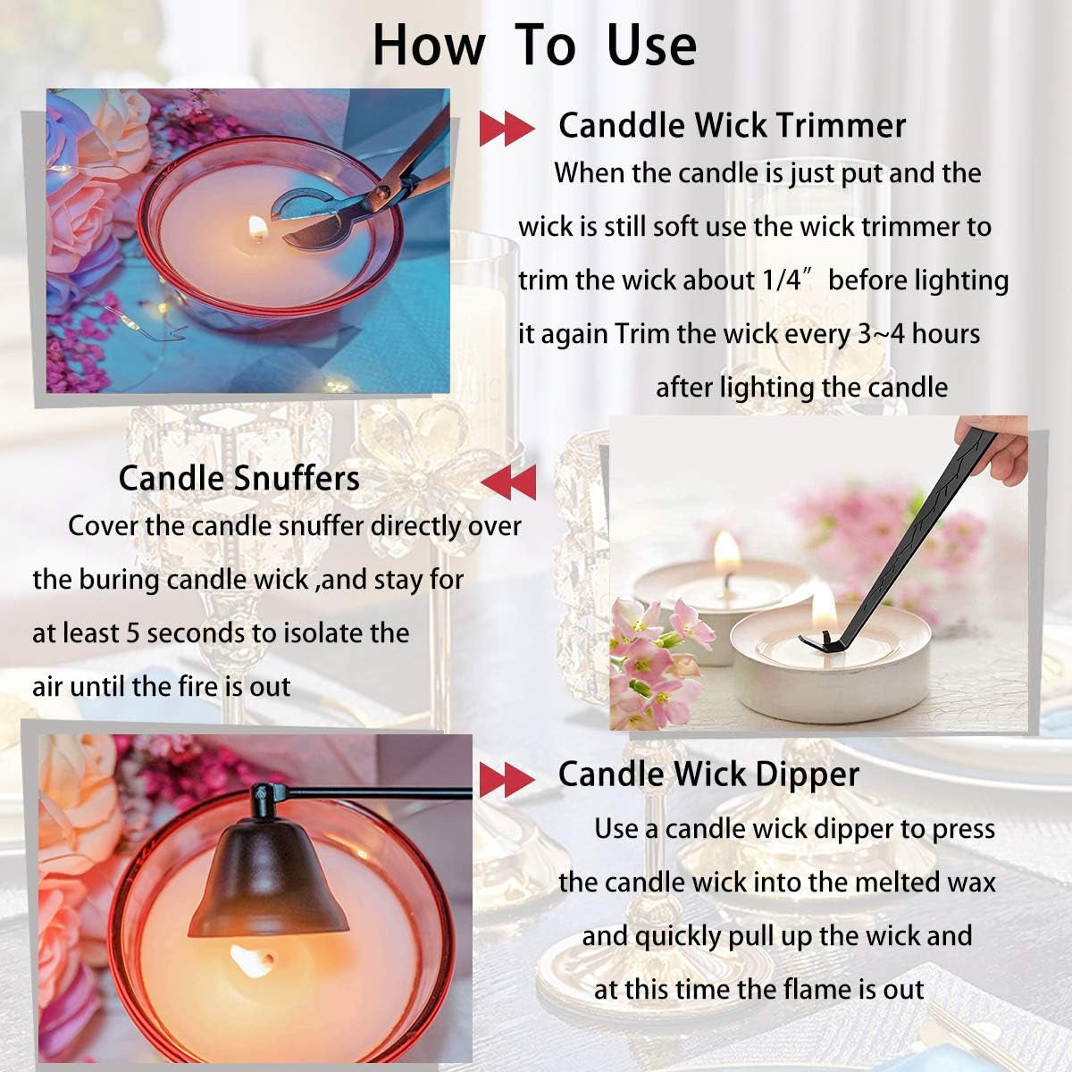 3 in 1 Candle Accessories Set, Candle Wick Trimmer, Candle Snuffer, Candle Wick Dipper, Candle Wick Cutter Tools Set OPP Bag for Lovers Candles, Family, Party (Black New Package) Accessories Candles & Holders Candlesnuffers Home & Kitchen Home Décor Products