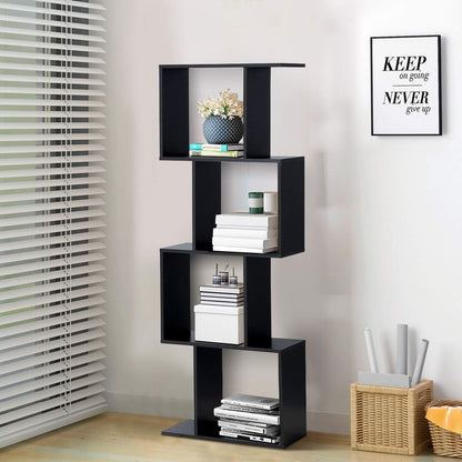 Giantex 4 Tier Bookshelf S Shaped Bookcase, Multifunctional Wooden Display Decor Furniture, Free Standing Industrial Storage Rack for Living Room Bedroom Office, Modern 4 Shelf Bookcase (Black, 1) Bookcases Furniture Home & Kitchen Home Office Furniture