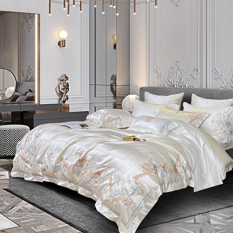 Esana White Embroidered Egyptian Cotton Satin Bedding Set