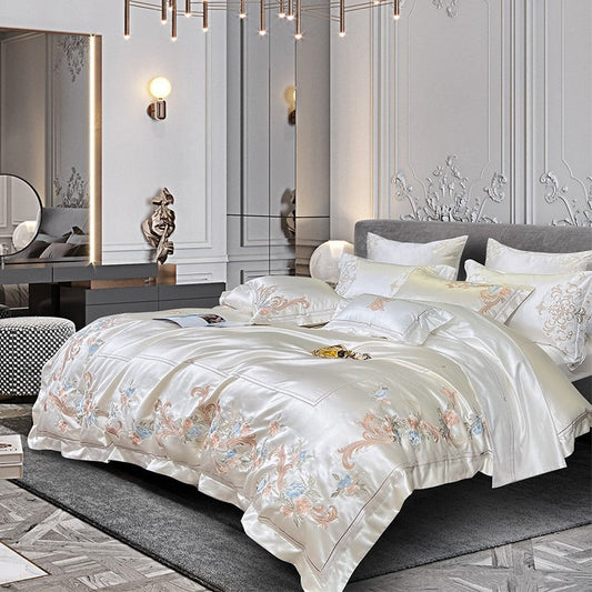 Esana White Embroidered Egyptian Cotton Satin Bedding Set
