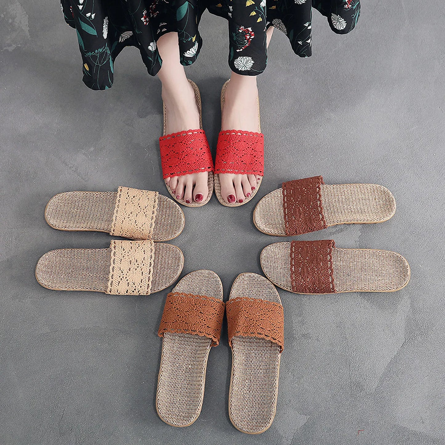Breathable Crochet Lace Linen House Slippers