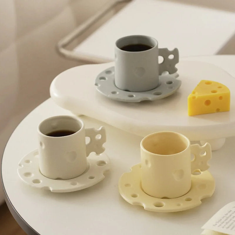 Whimsical Cheese Ceramic Mug & Saucer Set