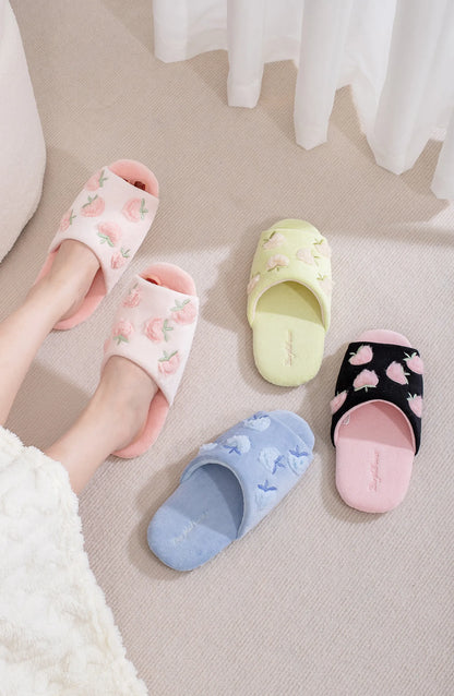 Fuzzy Peach Embroidered Plush Fleece Slides