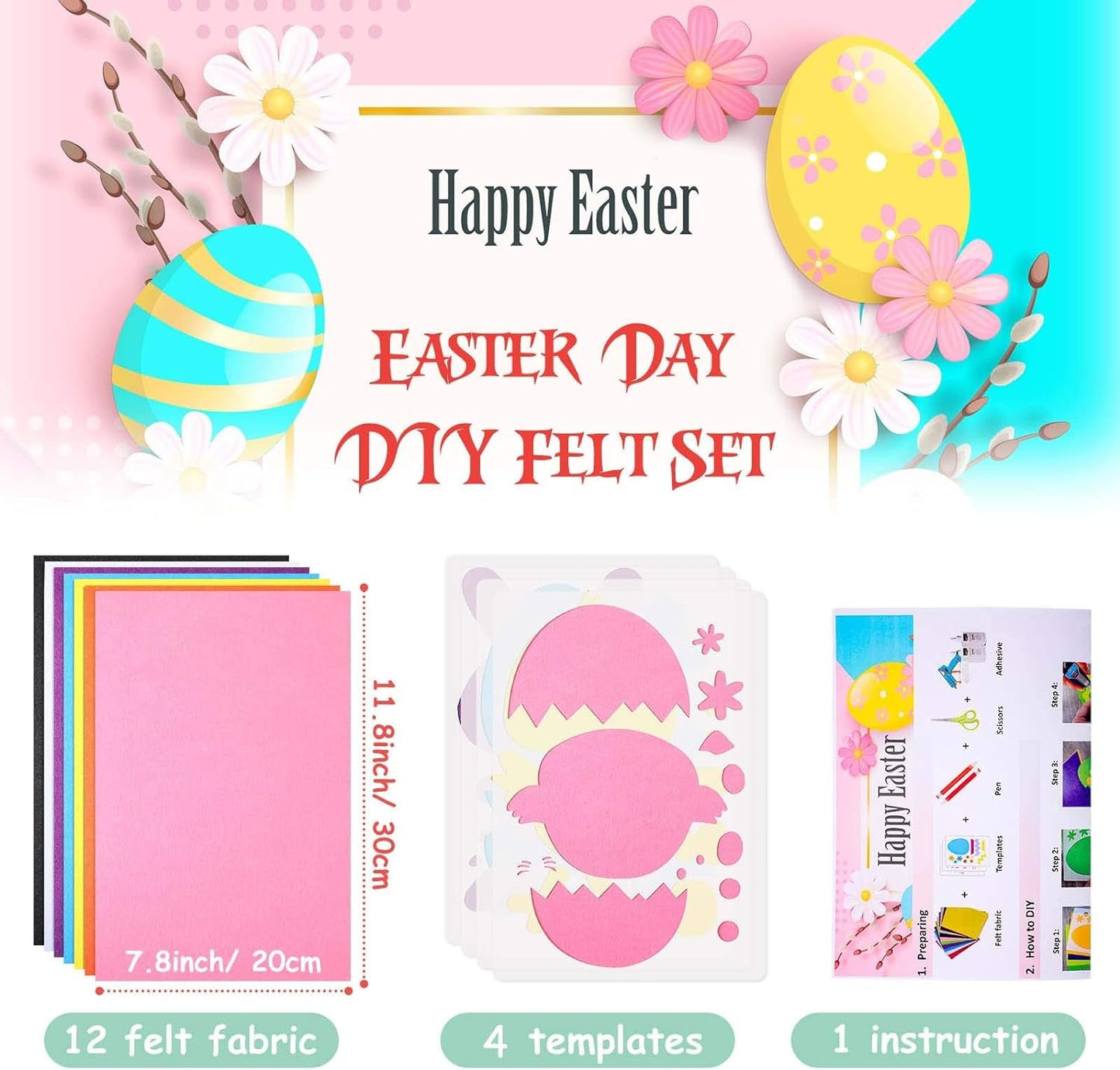 Easter DIY Felt Craft Set, 21 Pieces Felt Fabric Sheets Colorful Felt Craft Sheet and 4 Pieces Shaped Templates for Kids, Create Easter Egg Easter Bunnies Easter Chicks for Child Arts & Crafts Craft Kits Felt Kits Toys & Games