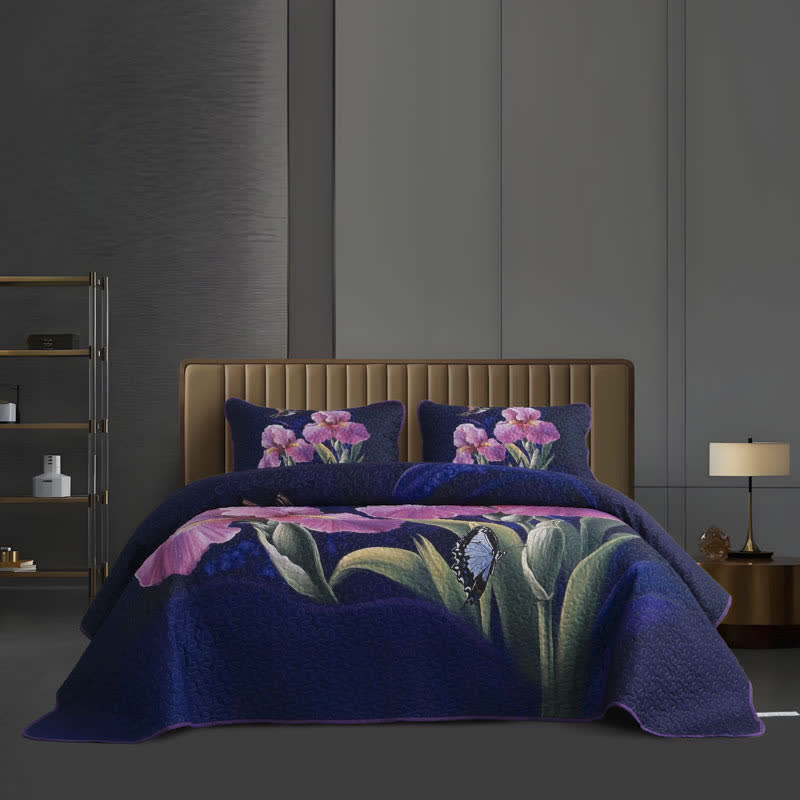 Purple Floral Bird Quilted Bedding Set(3PCS)