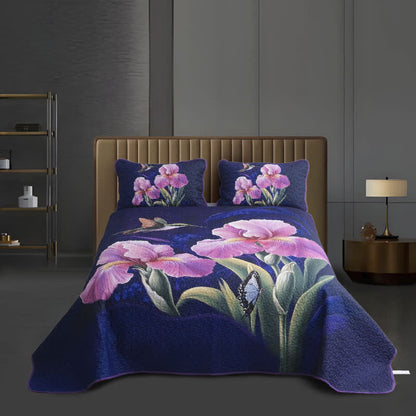Purple Floral Bird Quilted Bedding Set(3PCS)