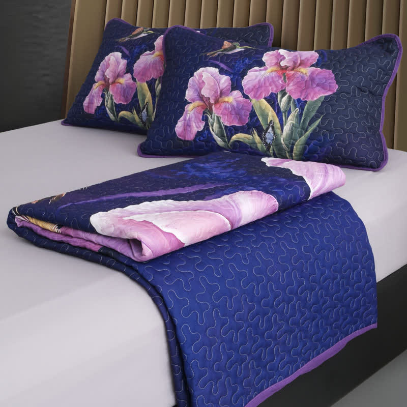 Purple Floral Bird Quilted Bedding Set(3PCS)