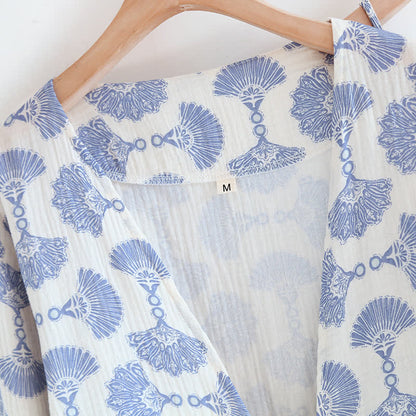 Blue Fan Print Cotton Loungewear Set (3PCS)