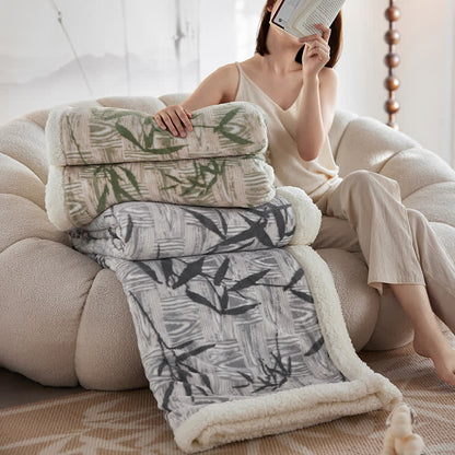 Zen Bamboo Leaf Reversible Sherpa Throw Blanket