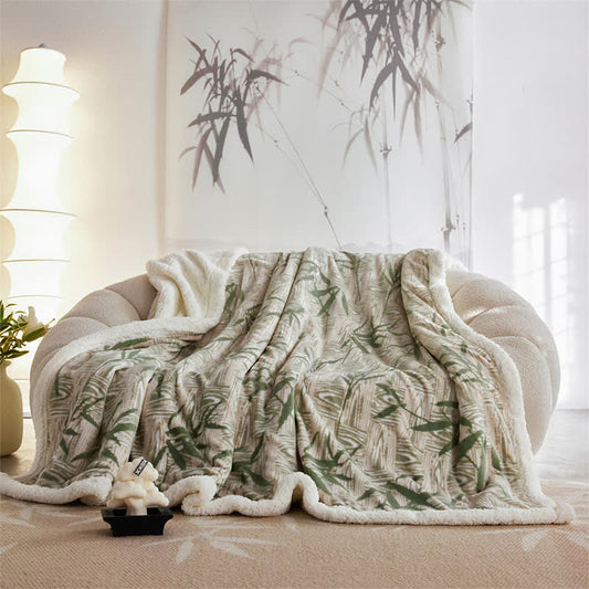 Zen Bamboo Leaf Reversible Sherpa Throw Blanket Bamboo Leaf bed bedding Beige Blankets Blue Fleece Fluffy Full Green Newin20251105 Queen Quilts Reversible Sherpa Sofa Blanket Throw Blankets Throws Winter