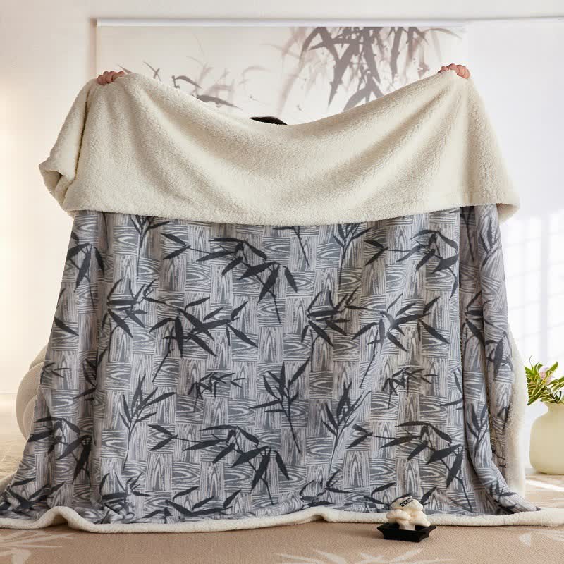 Zen Bamboo Leaf Reversible Sherpa Throw Blanket Bamboo Leaf bed bedding Beige Blankets Blue Fleece Fluffy Full Green Newin20251105 Queen Quilts Reversible Sherpa Sofa Blanket Throw Blankets Throws Winter
