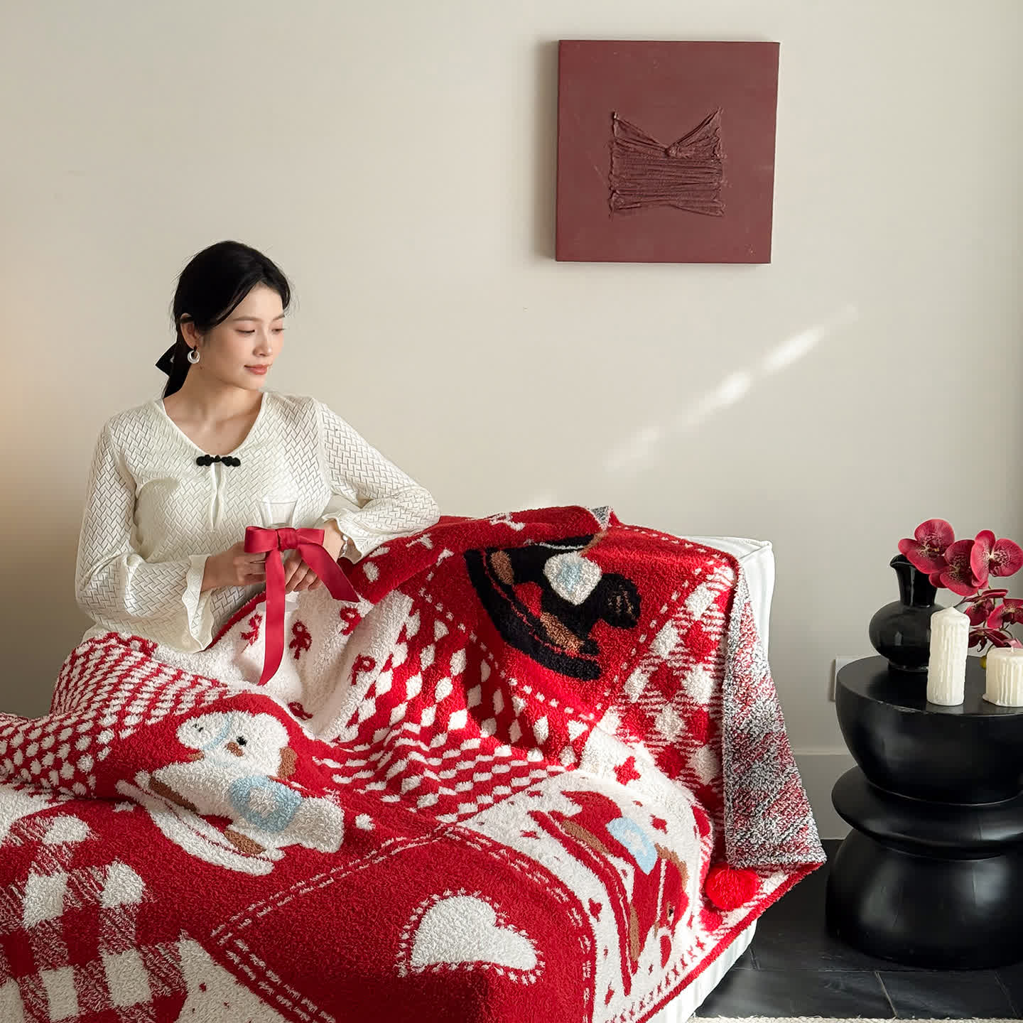 Ownkoti Festive Red & White Patchwork Throw Blanket