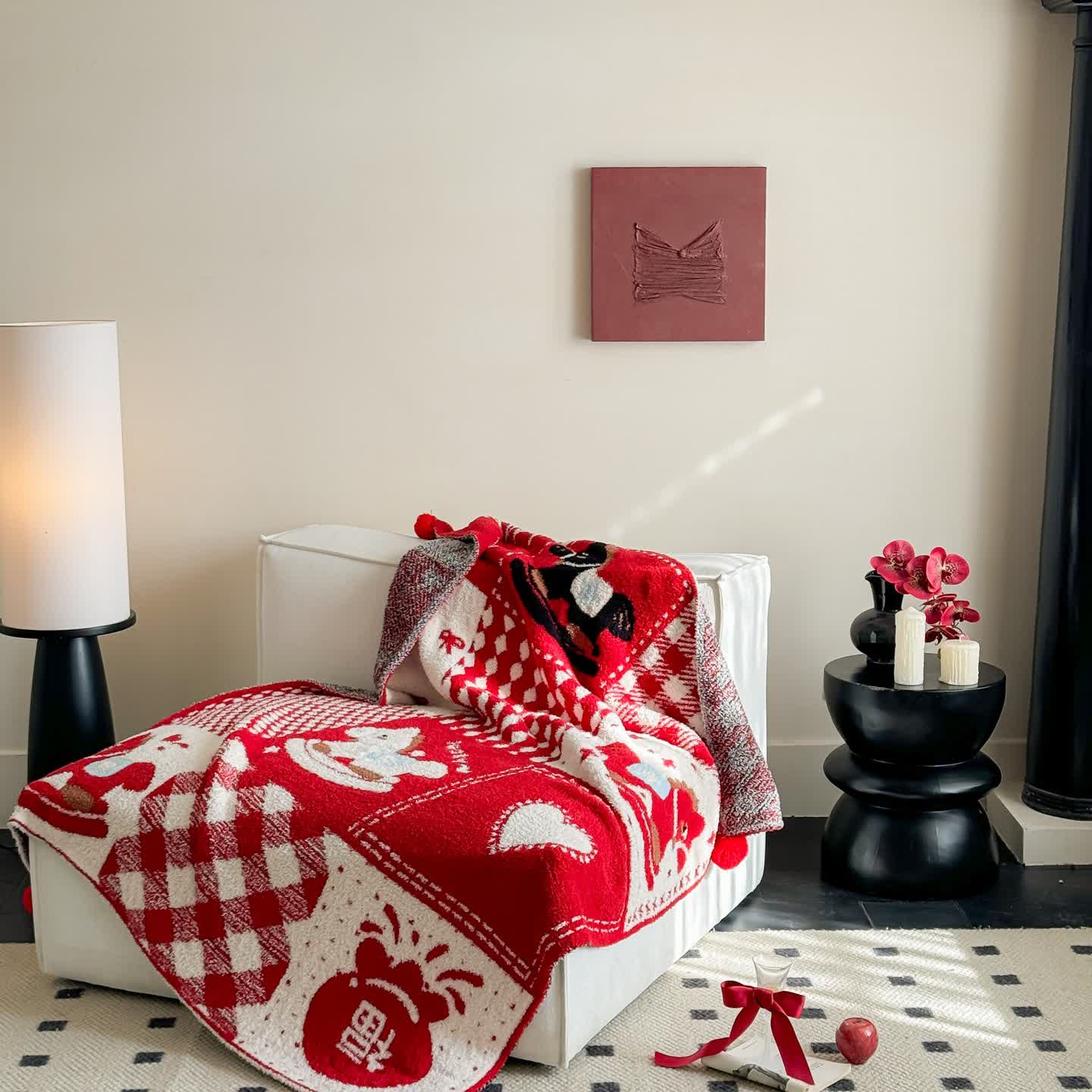 Ownkoti Festive Red & White Patchwork Throw Blanket