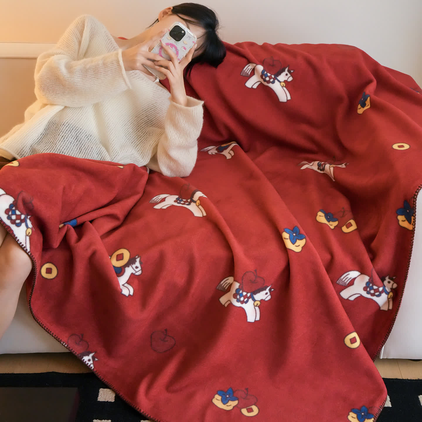 Couverture réversible Ownkoti en fausse laine à motif cheval de Troie 