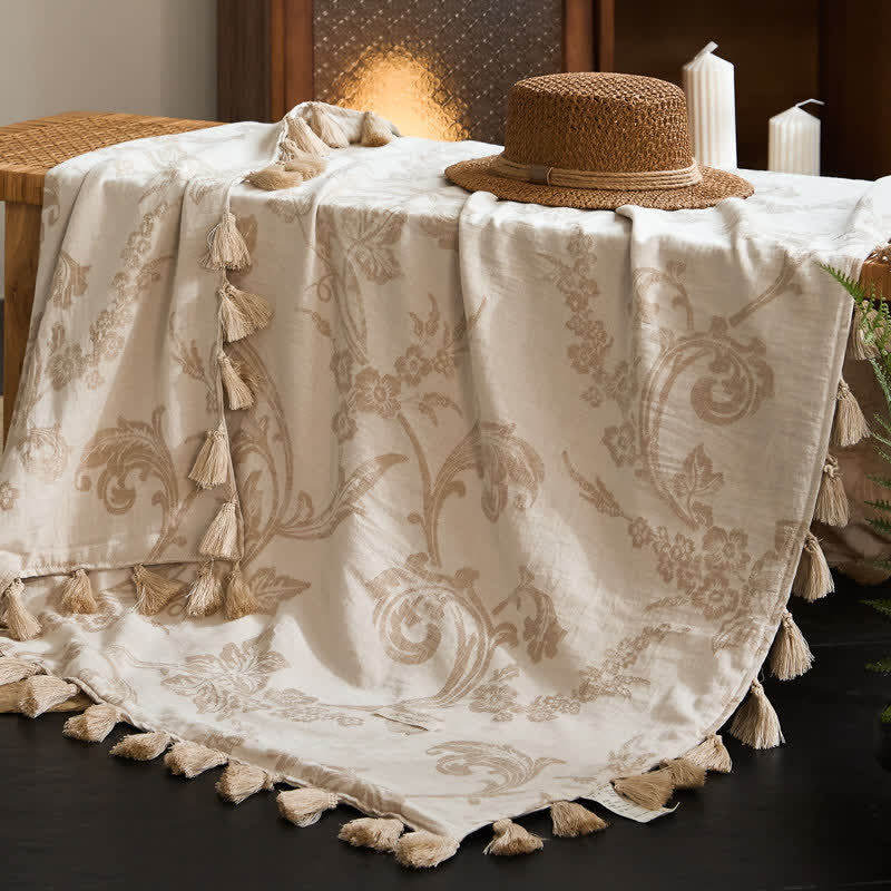 Ownkoti Elegant Floral Jacquard Cotton Linen Blanket