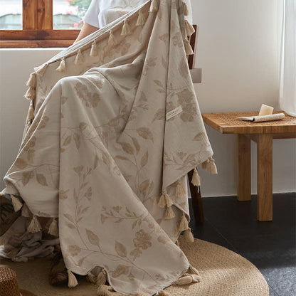 Ownkoti Floral Leaf Jacquard Cotton Linen Blanket