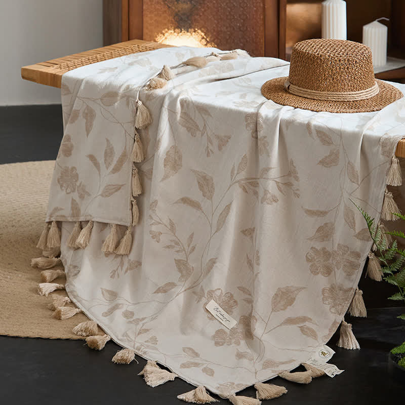 Ownkoti Floral Leaf Jacquard Cotton Linen Blanket