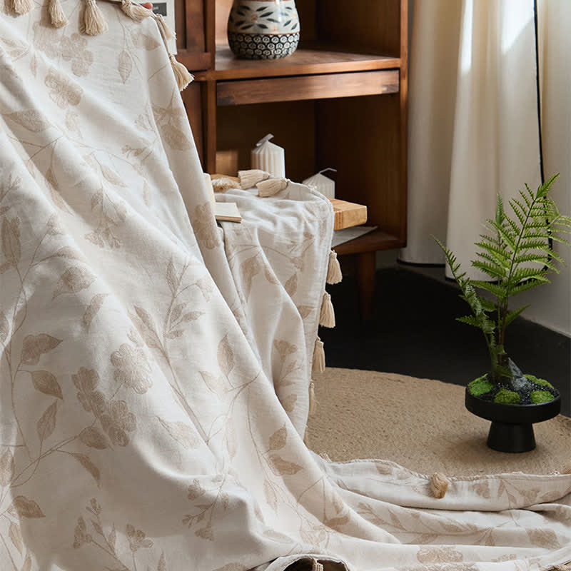 Ownkoti Floral Leaf Jacquard Cotton Linen Blanket
