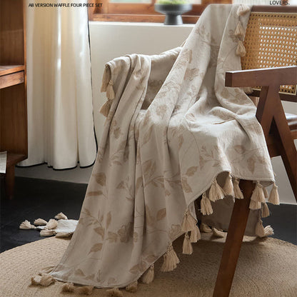 Ownkoti Floral Leaf Jacquard Cotton Linen Blanket