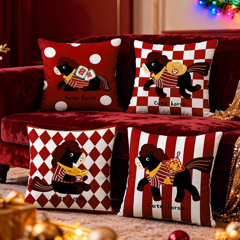 Housse de coussin carrée avec un poney mignon de dessin animé