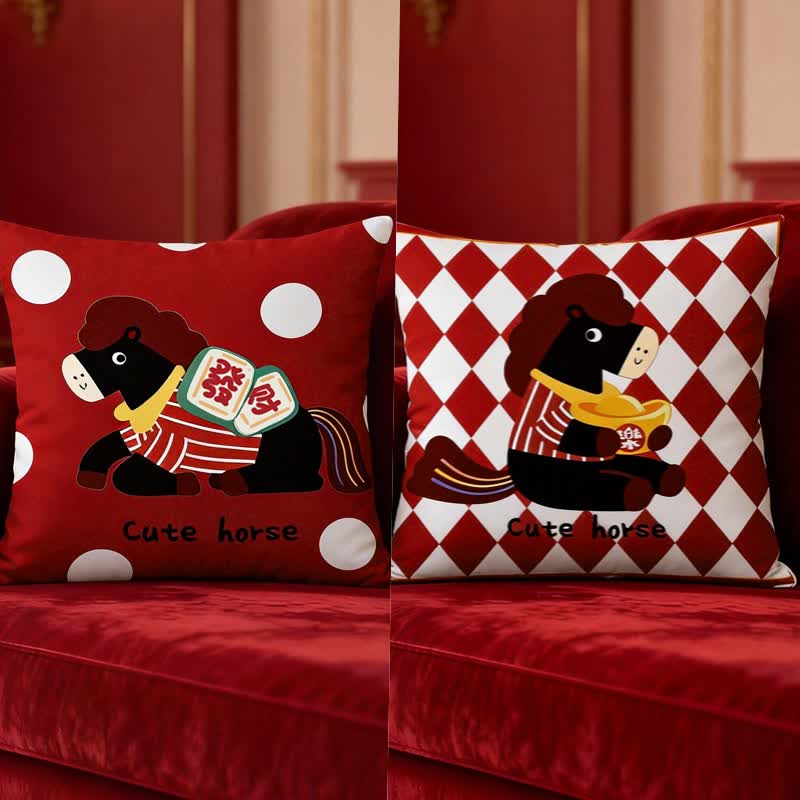 Housse de coussin carrée avec un poney mignon de dessin animé
