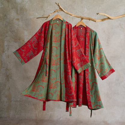 Oriental Bridge & Tree Cotton Kimono Robe