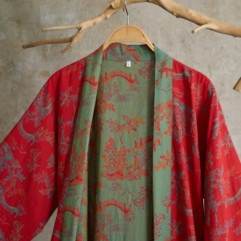 Oriental Bridge & Tree Cotton Kimono Robe
