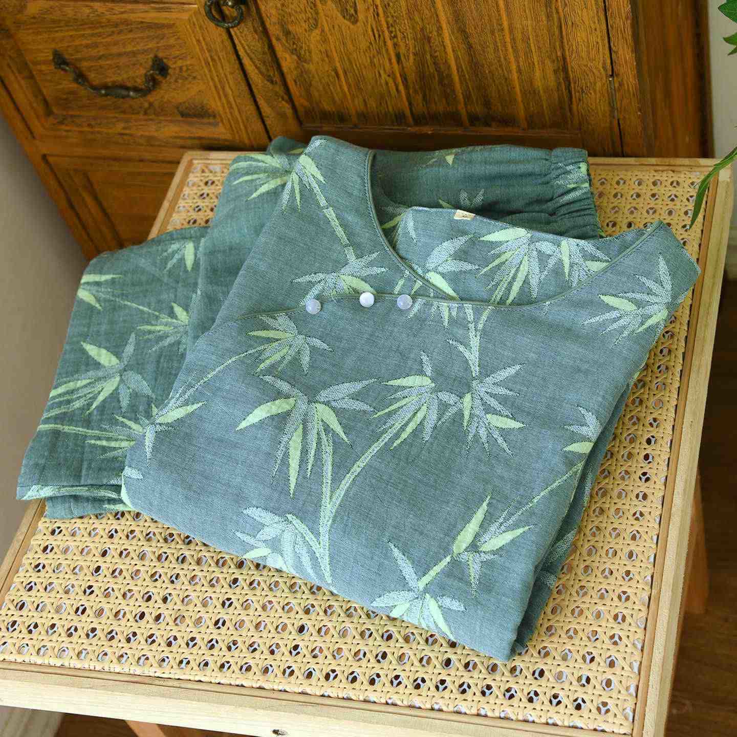 Green Bamboo Jacquard Cotton Gauze Pajamas