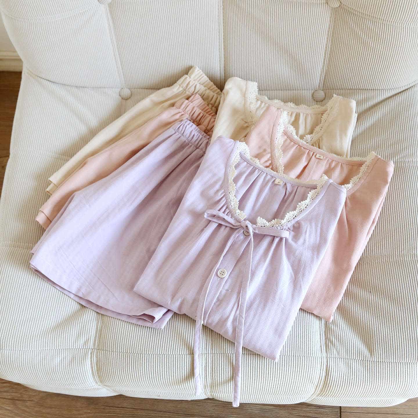 Solid Color Lace-trimmed Short Pajama Set