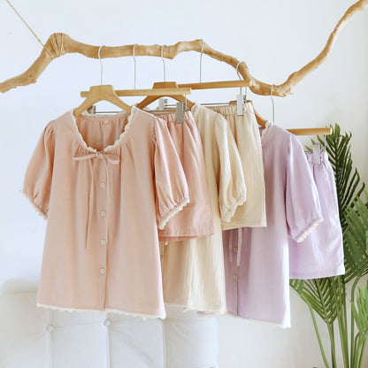Solid Color Lace-trimmed Short Pajama Set