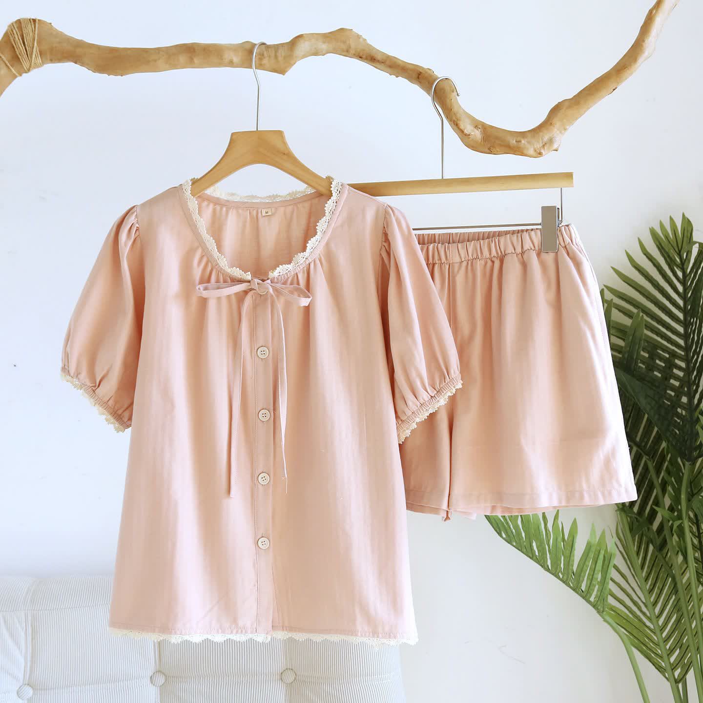 Solid Color Lace-trimmed Short Pajama Set