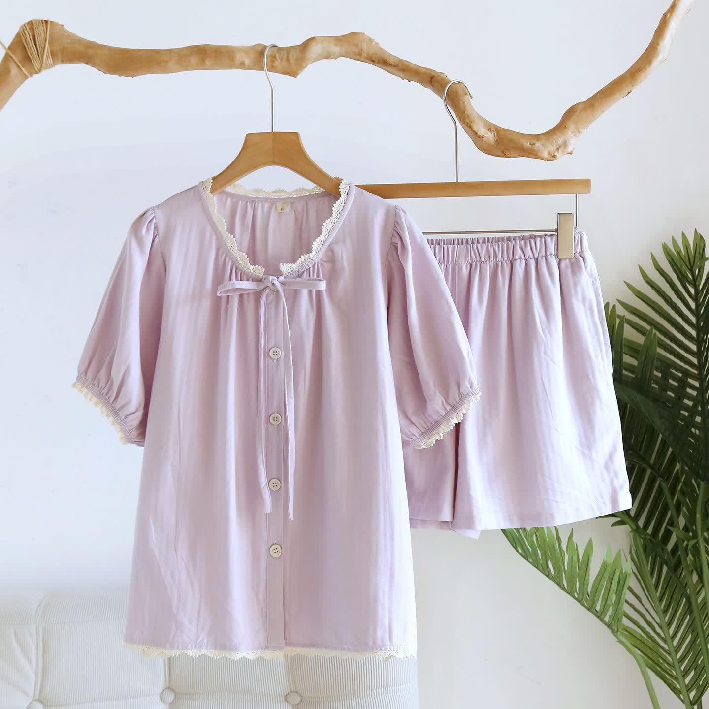 Solid Color Lace-trimmed Short Pajama Set