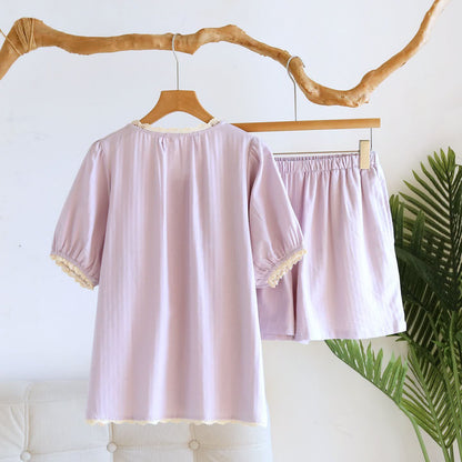 Solid Color Lace-trimmed Short Pajama Set