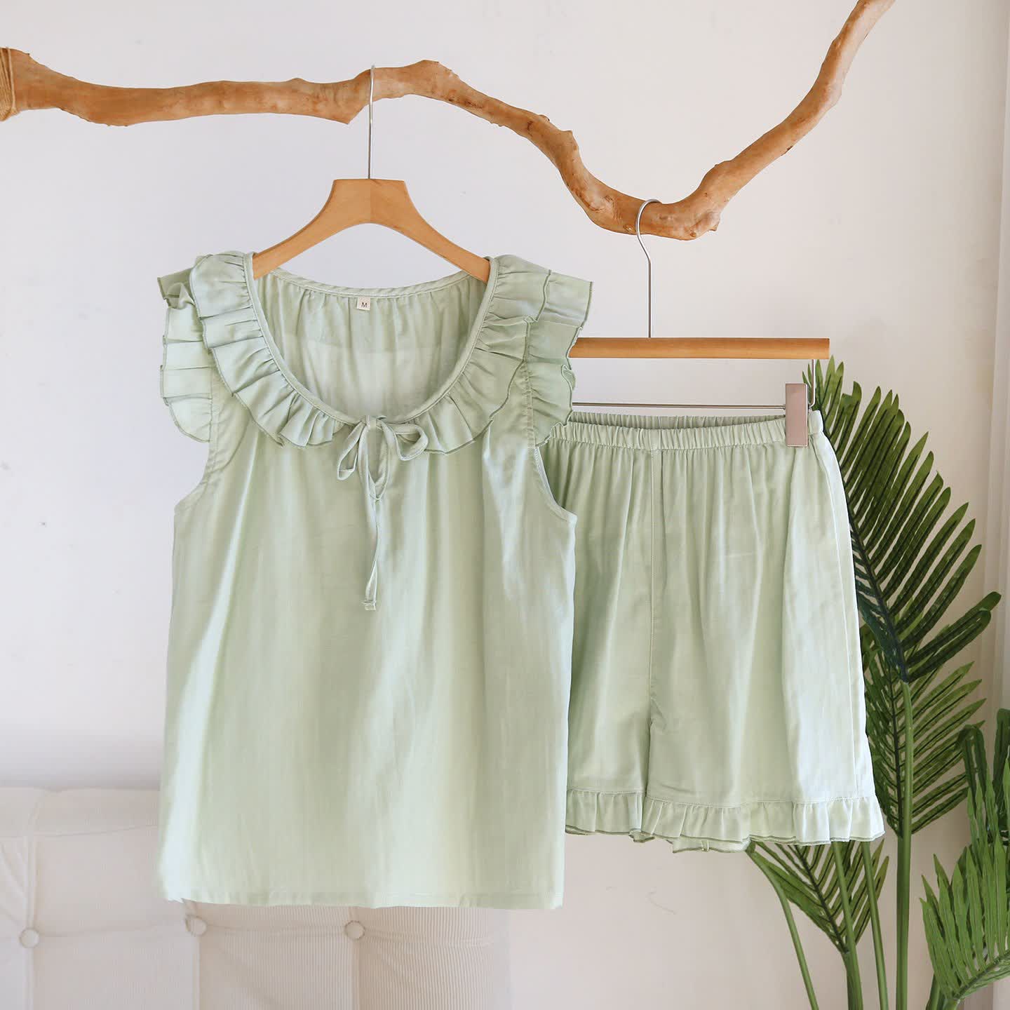 Solid Color Ruffled Tank Pajama Set