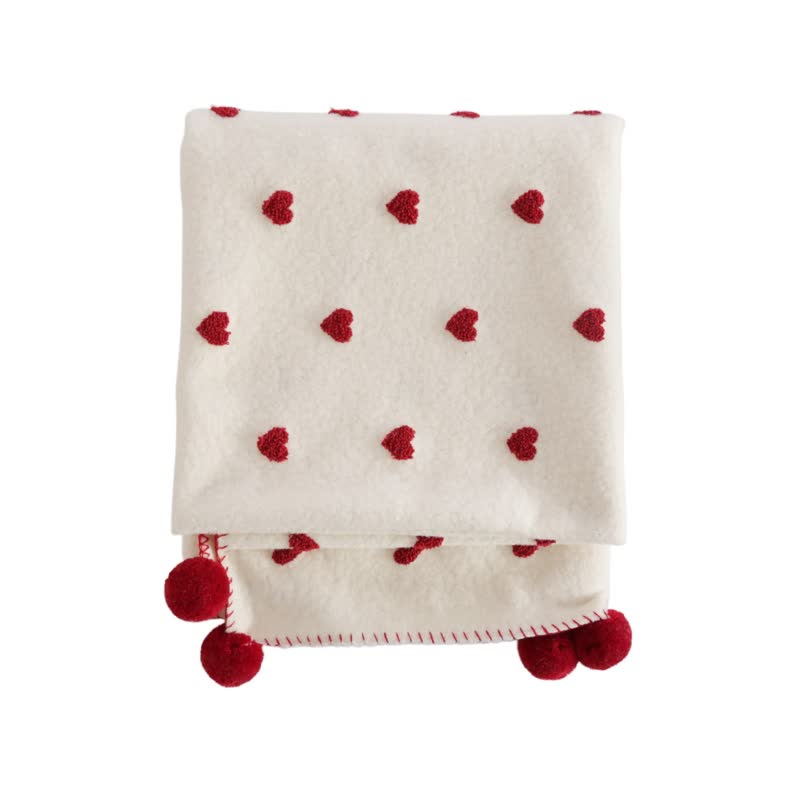 Heart Pattern Throw Blanket with Pom-Poms