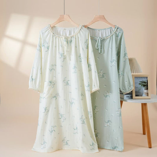 Bellflower Floral Cotton Gauze Nightgown Autumn Beige Bellflower Floral Green L Loungewear M newin260128 Nightdress Nightgown Nightie Pajama Pastoral Ruffle Rural Sleepwear Spring Summer Women