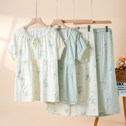Bellflower Floral Cotton Gauze Pajama Set Autumn Beige Bellflower Cotton Floral L Loungewear M newin260128 Nightie Pajama Set Short Sleeve Sleepwear Spring Summer women XL