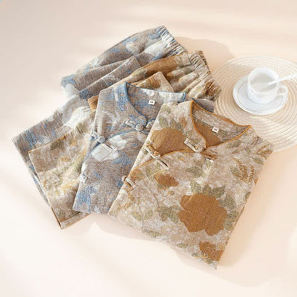 Vintage Floral Mandarin Collar Cotton Pajama Set